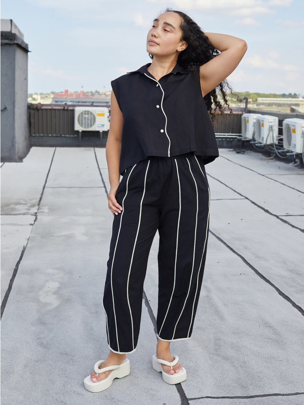 Rujuta Sheth “Etta” Pants - Black with Contrasting White Piping - Linen/Cotton